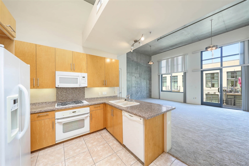 TOP FLOOR, extra-spacious studio with over 1000 sq ft of open living area, including 2 full bathrooms and 2 parking spots. Unit features soaring 14’ ceilings throughout, multiple skylights, and a sunny balcony. In-unit laundry. The building has an amazing roof-top, open-air deck that is just two doors down the hall – so close that it is practically an extension of the unit! Roof deck includes outdoor fireplace, BBQ, seating, and great views of downtown. Excellent location downtown. The unit interior design style has all the characteristics of loft living: exposed concrete, 14 foot ceilings and an open loft floor plan. The building has a fully-equipped fitness facility, rooftop BBQ deck and fire place, and a serene central courtyard. Neighborhoods: Downtown Complex Features: ,,