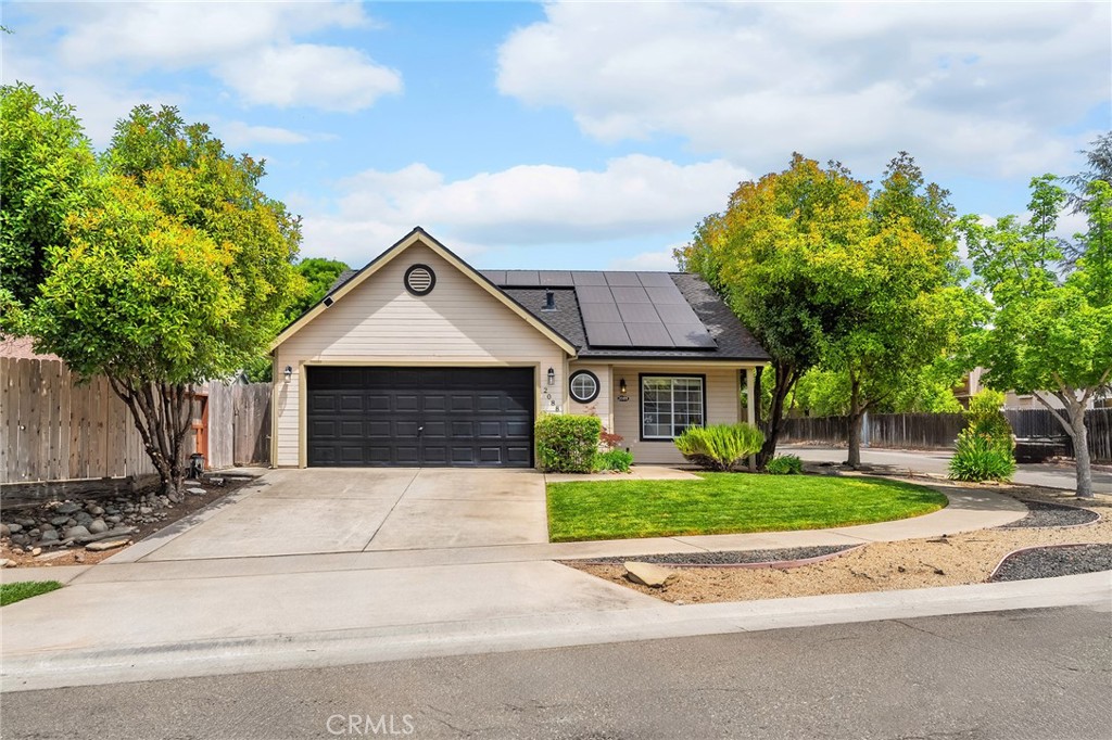 Updated 3 bedroom 2 bathroom South Chico home on a corner lot with OWNED SOLAR and a 2024 roof. Beautiful kitchen with quartz counters, tile backsplash, barstool island, extra cabinetry for storage, granite composite sink and stainless steel appliances. Vaulted ceilings in the living room and primary suite. Interior features include whole house fan, dual pane windows and separate laundry room. The large primary suite has a soaking tub and access to the back yard through a sliding glass door. The screened porch is perfect for year around outdoor gatherings. Fully landscaped and irrigated front and back yards. 2 car garage. Close proximity to shopping and Meriam Park.