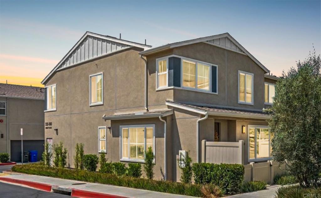 Discover modern living in this practically brand-new, energy-efficient with OWNED SOLAR, 4-bedroom, 2.5-bath townhouse at 360 Sweet Place. Walking distance to the pool, dog park, clubhouse, resident mailbox, and visitor parking, Located just off I-15 and CA-76 and built in 2022, this 2-story end-unit townhouse shares only one wall with its neighbor, offering enhanced privacy and abundant natural light. With the PAID-FOR SOLAR PANELS, you’ll enjoy significant energy savings in this move-in-ready home. The open-concept downstairs features spacious living, dining, and kitchen areas, with a large island, stainless steel appliances (stove, oven, microwave, dishwasher, refrigerator negotiable), and a convenient half bath, perfect for entertaining and daily living. Upstairs, four well-appointed bedrooms include a primary suite with a walk-in closet, ensuite bath with double sink vanity, a full guest bath, and a washer/dryer closet. Smart home capabilities like Alexa controls, automatic bathroom lights, and dimmer lights enhance the modern experience, complemented by central air conditioning and heating. This home offers access to a vibrant community with a large pool, BBQs, parks, trails, and playgrounds. The attached 2-car garage with direct access to the home provides convenience and protection from the elements for both occupants and vehicles. This end-unit townhouse is ideal for all, especially those seeking a low-maintenance, contemporary lifestyle in North County San Diego.