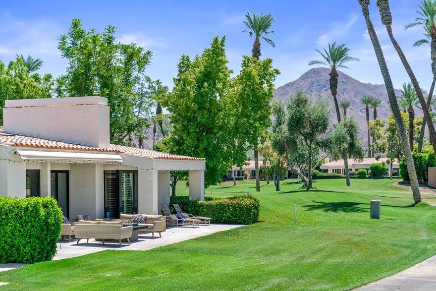 A highly sought after and rare Bayberry plan home in the heart of Desert Horizons Country Club. This extensively upgraded home offers panoramic mountain and golf course views, featuring an extra large private side yard. The many upgrades to this home include  engineered wood floors throughout, all newer appliances (Bosch, Kitchen Aid & Thermador), custom cabinetry and quartz counter tops in the kitchen and primary bath. This great room floor plan offers over 2,800 sq.ft. with 3 bedroom suites plus a powder room. Custom folding doors from the great room open to the expansive outdoor living space. Additional features of this charming home include newer windows and sliders,  custom built-ins and closets, electric fireplace (Dimplex), tankless hot water heater w/instant hot and 2 new high efficiency Trane AC heat pumps. The garage offers new lightweight garage doors & openers, freshly painted, epoxy floors and a mini split AC unit. And last, but not least, this home has 'owned Solar.' This home is a 'must-see' with its private interior location at the end of a cul-de-sac and steps from a community pool.