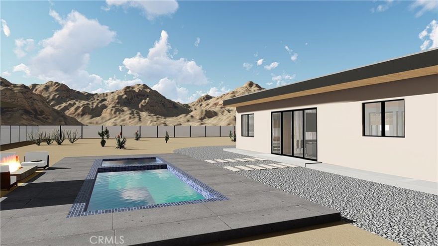 This land comes with a full set of construction ready plans for a rare, shovel-ready custom build luxury modern masterpiece pool house opportunity in Joshua Tree! The design has Mid-Century Modern elements and low, flat rooflines that are a signature look of world-famous California modern desert architecture pioneered in this region in the 1950s. Situated on a 1.38 acre lot the plans call for a 1,558 sf home with 2 beds and 2 baths. As an option, the listing broker, who is also an experienced and licensed general contractor, can construct this house completely turnkey (handling all construction) if requested by the buyer with a separate agreement. The current owner has already invested heavily in bringing the project to this advanced stage, covering the cost of surveying, civil engineering, grading plans, custom luxury architectural plans, heated swimming pool and spa plans, a percolation test, engineered septic plans, and the installation of a brand-new water supply meter. With plans in the final stages of county approval and utilities like water and electricity already on-site, you can start building almost immediately, saving valuable time and money. A key highlight is the property's location on a paved road, a feature that combines the best of both worlds: the rural, open serenity of the desert with effortless access for any type of vehicle, from SUVs to low-profile sports cars. Designed with short-term luxury rental in mind, the floor plan includes an oversized closet in the hallway in lieu of a garage for additional storage. A carport with a trellis and electric car charging is also included. As an option, a new garage can be added on the spacious lot, with possibly an ADU (Accessory Dwelling Unit) above as a second story. With a completed projected value estimated at $1.1M–$1.2M, and even greater potential with the addition of an ADU or other additional structures, this property offers incredible financial potential either as a forever home or a luxury vacation rental on Airbnb, Vrbo, and other vacation booking apps.