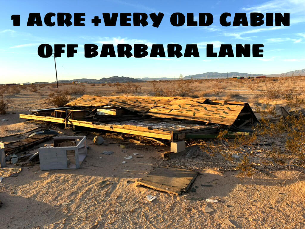 OFF BARBARA LANE, WONDER VALLEY:only $8,000.00.This unique 1-acre parcel features a fallen down to the ground old cabin or trailer. The electric pole is core of land. Appears to have old survey markers. No road access but it is nestled next to a 5-acre government parcel, it offers easy access across land. Surrounded by majestic scenery, this property is perfect for horse lovers and off-road enthusiasts. Don't miss your chance to own a slice of paradise! Owner will carry 1st trust deed of $6,400.00 with 20% down payment of $1,600.00 @ 7% interest amortized over 5 years payable $126.73 monthly plus $15.00 loan service fee. APN#0627-041-39-0000.DIRECTIONS: Go east on Amboy Road to left on Barbara Lane. go to Raymond Drive then about 600 fr up the lane look east the land is off Barbara Lane about 336 feet across the government land look for sign and old cabin pile on the ground.
