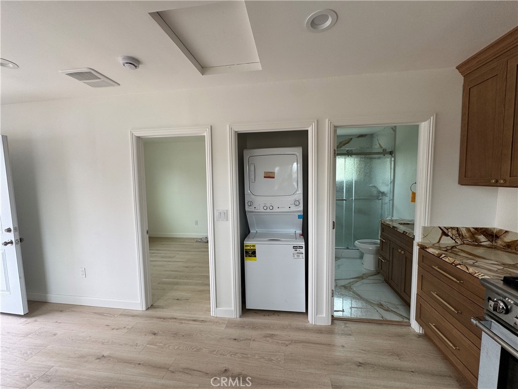Garage converted ADU new built with one bedroom and bathroom and kitchen, laundry area inside. Private entry
