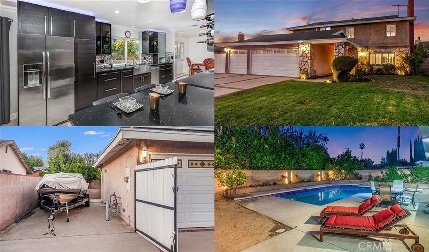 Set on a quiet CUL-DE-SAC, this upgraded entertainer’s POOL home combines style, comfort, and luxury with striking curb appeal. Bonus: GATED RV ACCESS - that opens to the backyard - and can accommodate up to 55 ft. of parking space, and a three-car direct-access garage with an extra-wide 4-car driveway. Manicured hedges, vibrant flowerbeds, and a covered portico welcome you to a residence designed to impress. Inside, the dramatic step-down living room features soaring ceilings, expansive windows with plantation shutters, a floor-to-ceiling stone fireplace, and polished MARBLE tile floors, creating a bright, open space perfect for gatherings. The remodeled kitchen is a chef’s showcase with recessed and accent lighting, rich cabinetry with space efficient pull-out drawers, quartz countertops, custom tile backsplash, farmhouse basin, and top-of-the-line stainless steel appliances—including Bosch® 5-burner gas range, built-in oven and microwave, LG® dishwasher, and refrigerator. A quartz-topped high table with pendant lighting completes the space for casual dining. The dining room features a large picture window, plantation shutters, and statement chandelier. The family room offers crown molding, recessed lighting, warm wood laminate floors, and sliding French doors opening to the backyard. A convenient guest powder room rounds out the main level. The primary suite is a serene retreat with soaring ceilings, plantation-shuttered windows, stone fireplace, two closets (including walk-in), and new carpet. The en suite bathroom includes a new quartz crowned vanity with dual sinks in a dedicated vanity area and a private glass-enclosed shower. Three additional bedrooms are bright and spacious with ample closet space and new carpeting. The fully remodeled guest bathroom includes a quartz topped vanity with dual basins, oversized mirror, multicolor accent lighting, and a glass-enclosed tub/shower. Additional highlights: laundry room, Smart thermostat, central air and heat, smart exterior multi-color lighting illuminating the front and garage—perfect for entertaining, and fresh interior paint enhances the majority of the home. The backyard is an entertainer’s paradise with sparkling in-ground pool, open patio, lush greenery, colorful raised planters with décor lighting, and garden shed. Minutes from Westfield Topanga, The Village outdoor mall, premier shopping, and dining, this home offers an elevated Southern California lifestyle.