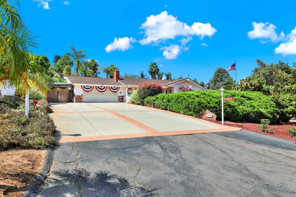 Welcome to 2233 Puesta Del Sol in Escondido! Beautiful Views! No HOA! This charming single -story ranch style home sits on a 0.70-acre triangular lot with ample usable land—perfect for outdoor activities or future expansion. It sits at the end of a cul-de-sac on a private street. Featuring 3 bedrooms/2 baths, this home offers upgraded flooring, natural light in bathrooms from skylights, new AC & Heating unit for year-round comfort with smart Nest thermostat for convenient temperature control, and a two-car garage with added storage closet and plenty of parking for up to 9 cars. Enjoy serene outdoor living with covered patios, built-in cabinet, and a lush backyard filled with mature fruit trees, including avocados, limes, lemons, oranges, and tangerines. This rare find offers privacy, space, and endless potential. A rare find with room to grow! Come take a look today! Schedule your private tour today to discover this Escondido gem!
