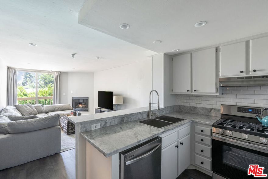Situated in the heart of North Hollywood, this second-floor unit offers convenient access to the neighborhood's diverse dining scene, fashionable boutiques, Amazon Fresh, and entertainment options. This fully renovated lease features a luminous living room with recessed lighting, hardwood floors, fireplace, and a balcony with pool views. The recently upgraded kitchen boasts stainless steel appliances, gas range, dishwasher, granite countertops with a spacious drop-in sink, and freshly painted shaker cabinets.The generous primary suite features grey carpeting, a large window that bathes the room in natural light, and recessed lighting. The walk-in closet provides ample hanging sections and shelves to accommodate a substantial wardrobe. The beautifully designed bathroom showcases honeycomb tile floors, a glass-enclosed shower with marble tiles, vanity and a vessel sink. The unit includes two gated tandem parking spots, a secure gated building, a gym room, a BBQ area, and a community laundry facility. Come and experience the vibrant energy of the revitalized North Hollywood.