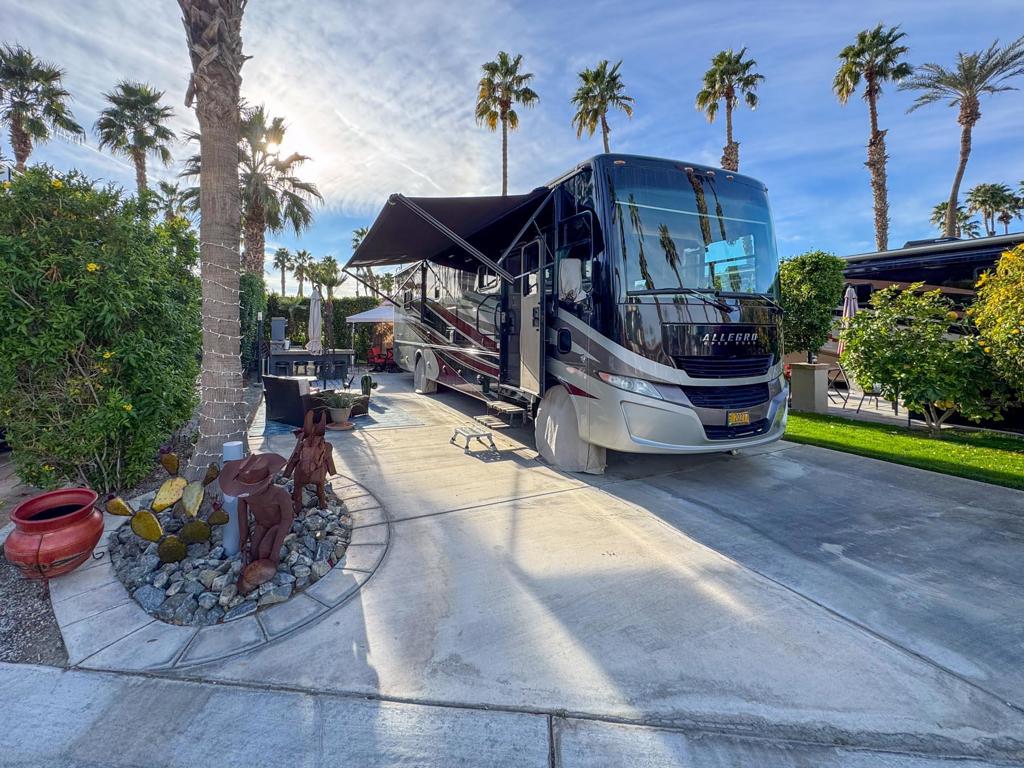 This exceptional luxury RV lot offers the ultimate private retreat, perfectly positioned just eight steps from the pool and hot tub, while maintaining a peaceful and secluded atmosphere. Located in a prestigious Class-A motorcoach resort, this east-facing lot provides ideal shade, and direct golf course access from the rear--creating a rare and coveted opportunity for RV enthusiasts who appreciate both relaxation and recreation.At the heart of this oasis is a medium sized outdoor kitchen, complete with a breakfast bar, appliances, and ample counter space, making outdoor dining and entertaining effortless. The grandfathered-in gazebo, featuring a brand-new roof just a year old, provides the perfect shaded space to unwind, enjoy the breeze, and take in the serene surroundings. Thoughtfully furnished for immediate enjoyment, offering comfort, convenience, and an unparalleled resort lifestyle. Whether you're lounging by the pool just steps away, hosting friends under the gazebo, or stepping onto the pristine golf course right from your backyard, this lot offers a luxurious, carefree RVing experience in a vibrant and welcoming community.‍Outdoor Resort Indio is a Class A only RV resort in Indio, CA.