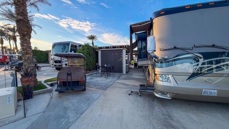 Experience elevated desert living on this exceptional luxury Class-A RV lot, featuring a beautifully crafted pergola and an absolutely breathtaking panoramic view. Positioned to capture sweeping mountain vistas and unforgettable sunsets, this lot offers the perfect blend of comfort, style, and outdoor living. The spacious pergola creates an elegant shaded retreat for dining, lounging, or entertaining--ideal for enjoying the scenery all season long. Outdoor furnishings are included, allowing you to settle in and enjoy the space immediately. Whether you're relaxing quietly or hosting friends, this premium lot delivers the elevated lifestyle Outdoor Resort Indio is known for.Outdoor Resort Indio is a Class A only RV Park