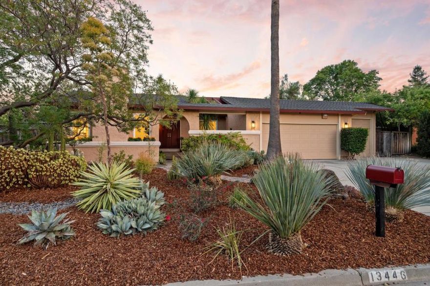 Welcome Home to 13346 Alvarado Court, an exquisite single-story residence nestled in one of Saratoga's most sought-after neighborhoods. Situated on a generous 10,170 sq. ft. lot at the end of a quiet cul-de-sac, this gorgeous, move in ready home showcases abundant natural light, newly remodeled interiors, high ceilings and a seamless indoor-outdoor flow. The backyard oasis is perfect for entertaining with a PebbleTec pool and spa, pergola-covered patio, enclosed raised garden beds and fruit bearing trees. Inside, the home offers a perfect layout with 4 bedrooms, 2 beautifully renovated bathrooms, formal living room, formal dining and a spacious great room that connects to the gourmet kitchen with a slider access to the spacious private backyard ideal for relaxing and entertaining. A rare fully finished oversized 3- car garage with fresh epoxy floors provides exceptional storage and functionality. All this, with top-rated schools and unbeatable proximity to downtown Saratoga, Westgate Shopping Center, local parks, farmer's markets, and major tech campuses, makes this property the perfect blend of comfort, convenience, and lifestyle. This one is a MUST SEE!