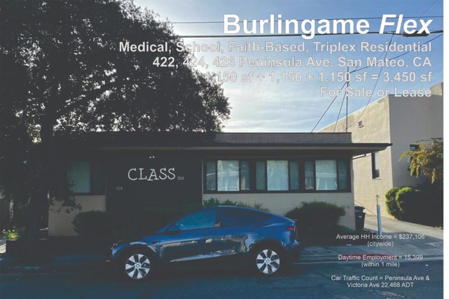 Office building permissible for preschool, school, medical, lab, wide variety of purposes including 3 residential, new housing dev. Use as triplex requires adding showers, other improvements.  For Lease or Sale.   Reception, 9 Private Offices, 1 Large Conference Room, 3 x 2 Restrooms, Break Room, Outdoor Patio  1/2 mile, Walking Distance to Burlingame Caltrain.  Zoning Summary: Administrative, executive, and professional offices, provided that the professional offices are limited to those professions listed in Section 5.24.160: accountant, appraiser, architect, assayer, attorney, auditor, bacteriologist, certified public accountant, chemist or laboratory specialist or operator, chiropodist, chiropractor, civil engineer, dental laboratory specialist or operator, dentist, electrical engineer, geologist, hydraulic engineer, medical laboratory specialist or operator, oculist, optician, optometrist, osteopath, physician, structural engineer, surgeon, surveyor, and veterinarian (check for kennel). Retail of goods and services, Restaurants, Health and recreation, Schools, day care, Financial, business offices, laboratories. Warehousing, storage, and distribution. Residential, R3 multi-family. Special Uses: clubs, hotels, religious, kennel, community center, schools.