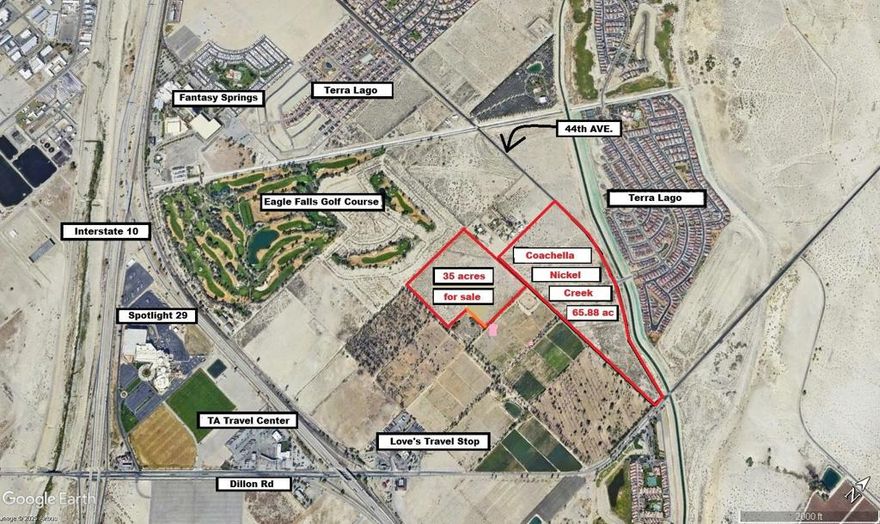 Great development, opportunity or buy to hold .Located near Eagle Falls Golf Course and Fantasy Springs Casino, in the City of Coachella. The zone is R-D, RESORT DISTRICT which allows Retail, Commercial, Hotel/Motel, Multi-family. Directions: Interstate 10 to Dillon Road. Go North to 44th Avenue. This land was previously approved for 322 residential units, now expired. There is an adjoining 35 acres to this parcel listed for $70,000 per acre.