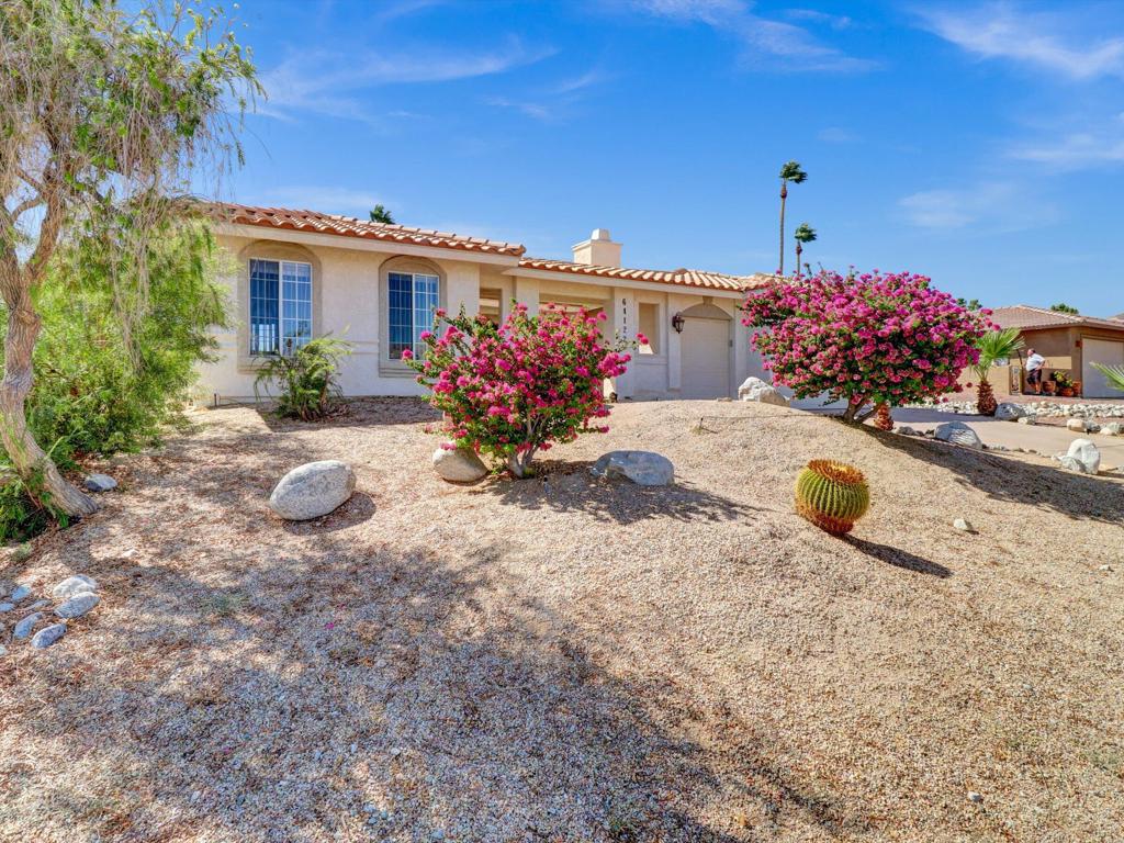 This home offers 2300 Sq feet of living space. Kitchen and living room are open and very spacious for entertaining! The home has three bedrooms two baths. The Master bedroom has slider that opens to the back yard patio. It also has large master bath with dual sinks and large walk in closet. The home sits on the 4th putting green with beautiful views of the mountains and nice large covered patio for company. Mission Lakes is a great community with an 18 hole Ted Robinson Championship golf course. Low HOAs of only 465 a month that includes unlimited golf for two on title. There is also a food minimum of 600 a year that is to be spent of food. Many more amenities include heated swimming pool. spas, tennis courts, fitness room, restaurant and sandwich shop!