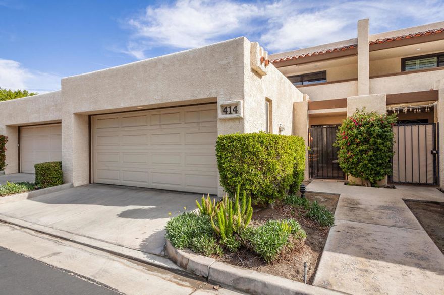 Only 3bd-3bth floor plan available .Largest floor plan at the gated St. Tropez complex in the heart of Palm Springs and just 2 blocks to the Spa Casino and downtown Palm Springs and the BIG PLUS is an attached 2 car garage. One bedroom and bath is downstairs and the other two bedrooms and two baths are upstairs. High ceiling and a formal dining room and breakfast area in the kitchen too. Downstairs laundry room across from the kitchen. Step down living room with fireplace encased with wood cabinets and sliders out to the patio with views of the pool areas. Off of the master bedroom upstairs there is an enclosed area with built in desk and  can be used as a office, study room, or quite room. The other bedrooms have magnificent views of the Western mountains. 4 swimming pools, 4 spas, and 2 lighted tennis courts. Minimum rental is 30 days. HOA is flexible on how many pets and must be approved by the HOA. Each unit is individually water metered. Dues include the trash. Land lease has been extended to 2068 and is $4920/per year.