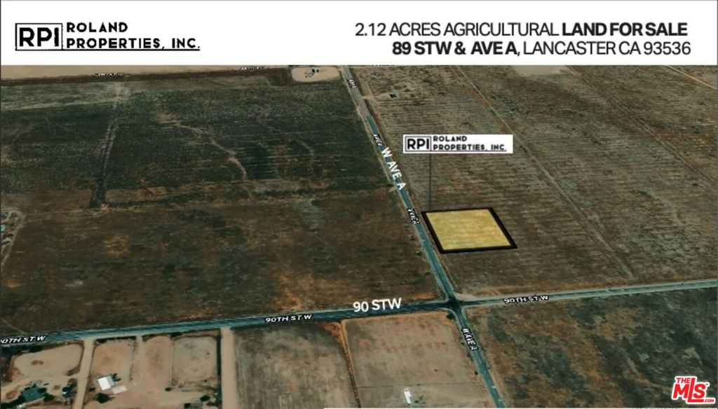 Discover wide open opportunity with this 2.2-acre parcel located at the corner of 89th Street West and Avenue A in Lancaster. Situated right on a paved road with easy access to the 14 Freeway, this flat and usable lot offers excellent potential for a custom home, agricultural use, or long-term investment. Zoned A-2-2 (Heavy Agricultural), the property allows for versatile rural living and farming uses. Enjoy peace, privacy, and stunning desert sunsets with mountain views in the distance. Whether you're building now or holding for the future, this is a prime Antelope Valley location with no HOA or city restrictions. Buyer to Verify Information.