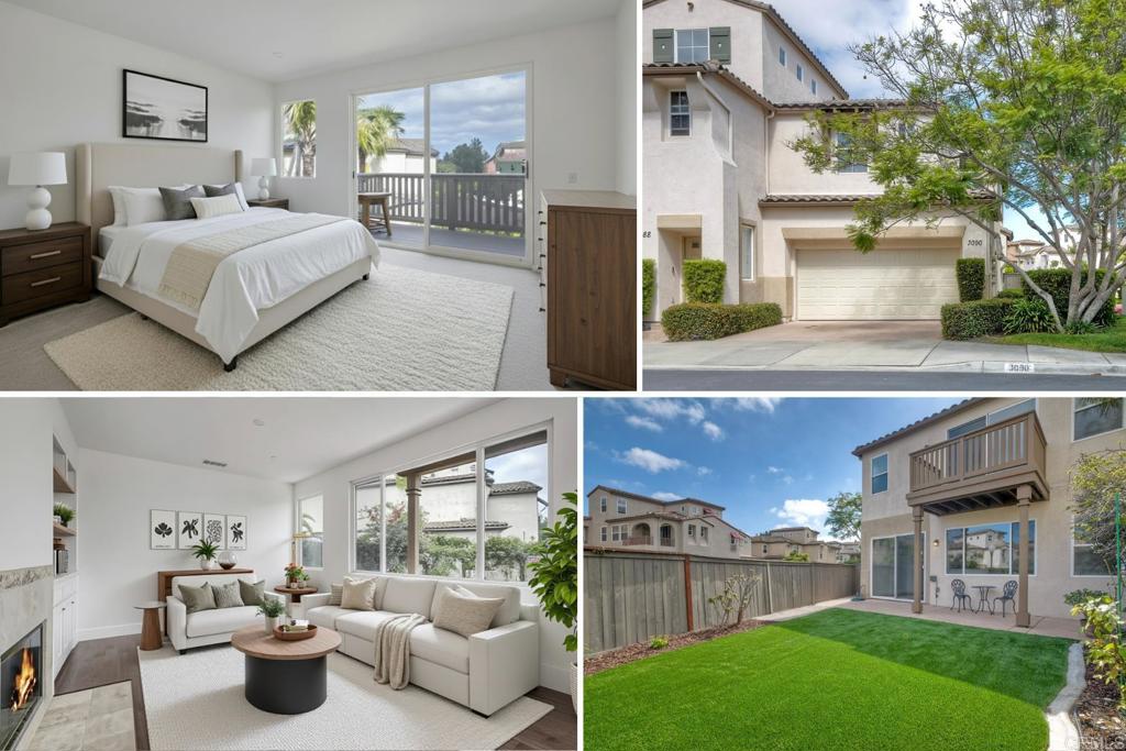 Welcome to the exclusive gated community of Portico at Rancho Carrillo! This beautiful corner-unit condo offers the largest floor plan in Portico’s triplex collection and showcases fresh paint, new carpet, and an open layout perfect for entertaining. Features include a cozy family room fireplace, upstairs laundry, and a large primary suite with walk-in closet, private balcony, and en suite bath with dual sinks, soaking tub, and separate shower. Enjoy a private backyard with patio and low-maintenance turf, plus a two-car garage with new epoxy flooring and a 240-volt outlet for electric car charging. Ideally situated with no neighbors directly behind and just steps from the community pool. Rancho Carrillo offers resort-style amenities including a swim center, walking trails, and proximity to award-winning Carrillo Elementary School.