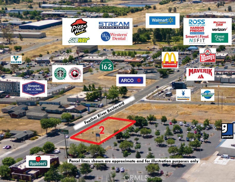 Oroville is HOT! Planet Fitness just opened a new location next door and Chick-fil-A has been approved next to the Maverick! Get your piece of Oroville land while you still can. This approximately 0.48 acre parcel (Parcel 2) is ideal for a drive-through restaurant or prominent commercial use. Situated directly on Feather River Boulevard as an outlot for the Goodwill center, this lot has the easy identity and access that a national retail tenant will demand. The building square footage is estimated by owner based on previous plans that were discontinued, buyer to verify allowable coverage. Oro Dam Boulevard is the primary gateway to the Oroville Regional Retail Center and community. Major retailers include Walmart, Starbucks, Panda Express, Chipotle, Verizon, Mattress Firm, Ross Dress for Less, McDonald’s, Harbor Freight, Goodwill, Tractor Supply, Arco, Hampton Inn & Suites, CVS, Holiday Inn Express, Great Clips, Dutch Bros, Surf Thru, Maverick, Applebees and many more all line this primary arterial as visitors come to see what Oroville has to offer. Oroville is renowned for its outstanding outdoor recreational opportunities and easy, central location/access to travel corridors and other communities. An average of one million visitors to the Lake Oroville State Recreation area pass this site on an annual basis. With acres of parklands, waterways, and wildlife refuges, Oroville is rich with recreation opportunities, some of which are seen in this aerial. The Lake Oroville State Recreation Area offers miles of shoreline to explore and wooded acres for camping, hiking, and equestrian riding. Special events like the Salmon Festival and Feather Fiesta Days draws thousands to the area to see what Oroville has to offer. Buy and build, or wait for the area to continue to be developed! Parcel 2 is available for purchase separately or combined with Parcels 1 and/or 3 as shown in the photo and in the brochure. Utilities availability and allowable square footage to be investigated by Buyer to Buyer's satisfaction.