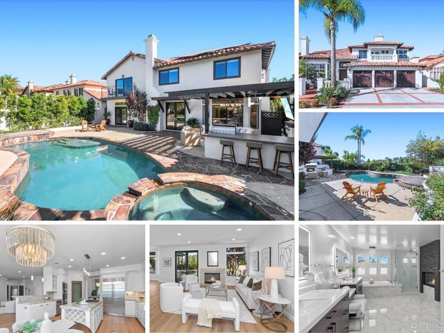 Stunning executive home situated on a quiet double cul-de-sac in the heart of Carmel Valley. Perfectly positioned on a private lot with serene skyline views, this beautifully upgraded 6-bedroom, 5-bath residence is an entertainer’s dream, complete with a sparkling POOL & SPA, and OWNED solar! The dramatic entry welcomes you with soaring ceilings and abundant natural light, leading to a functional floor plan featuring two bedrooms and two full baths on the main level—ideal for guests, an office, gym, or multi-generational living. The entertainer’s dream kitchen showcases exquisite quartzite counters and full backsplash, Sub-Zero French door refrigerator and beverage cooler, Wolf cooktop, Cove dishwasher, and designer fixtures. Wide-plank luxury vinyl flooring adds warmth and style, complemented by solid-core mahogany interior doors and fresh paint throughout. Upstairs, you’ll find four spacious bedrooms including a luxurious primary suite with marble counters, plus an additional office space and an ensuite guest room. The resort-inspired backyard was designed for year-round entertaining, complete with a newly designed poolside living room featuring outdoor fireplace, built-in Blaze grill, Sub-Zero beverage fridge and ice maker. Enjoy effortless control with a fully app/Wi-Fi-automated Aquastar Pro Poolside Tech system (pool pumps, heater, and filter all <3 years old). Additional upgrades include a 6.2kW LG solar system, 3-year-old Bosch 18-SEER HVAC, Pentair water softener, Tesla charging station, Andersen exterior doors, Wi-Fi controlled garage doors, and 3-car garage! Located within walking distance to top-rated Ashley Falls Elementary and park, and just minutes to Torrey Pines, CCA, Cathedral Catholic, scenic trails, and premier dining at Del Mar Highlands and One Paseo, 4939 Concannon Ct offers a rare combination of sophistication, privacy, and one of the best locations in Carmel Valley. Room dimensions & sq footage are approximate, per builder & assessor's record. Mello-roos is estimated. All MLS & marketing info is approximate & not guaranteed. Solar/Washer/Dryer/Fridge are included. Some interior furniture and patio furniture/accessories are negotiable.