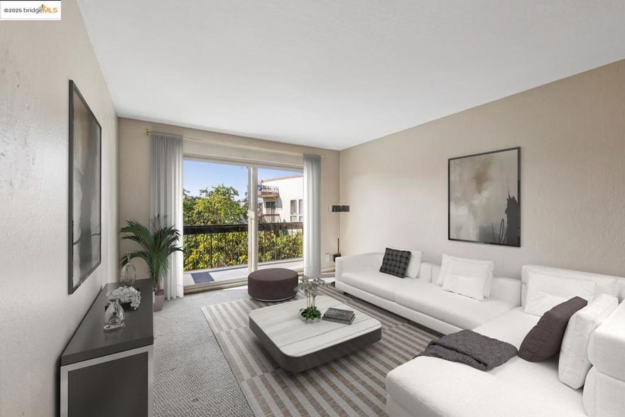 This sweet 1 bedroom/1 bath condo in the Grand Lake neighborhood has unique architectural details that make it feel more like a loft with urban vibes. The unit is west facing, awarding it the opportunity for amazing peeks at the sunset view from both the living room and bedroom. The living room balcony overlooking the pool complex creates the perfect place to sit and unwind. Open dining area with modern lighting and walls perfect for open shelving. The kitchen has a butcher block countertop, coupled with an additional quartz counter with beautiful tiled backsplash. Stainless steel refrigerator and dishwasher; an induction stove and tile flooring. The bedroom has built-in closet shelving creating additional storage, and a large window that creates lots of natural light. Charming bathroom with shower updates. One dedicated parking stall in a gated garage, plus storage locker, with easy access from the lobby. Laundry facilities and an additional dedicated storage space are provided on the unit floor. The complex has a heated pool, seating areas and a sauna. Walkable to dining, entertainment and shopping.  *Furnishings shown are computer-generated images using photos of the home created by an outside source. These images may not accurately depict the true scale of the space.