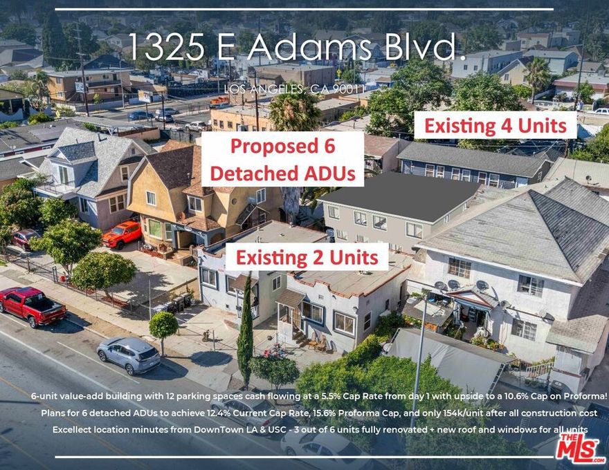 2nd Price Reduction! 6-unit value-add building with 12 parking spaces cash flowing at a 5.5% Cap Rate from day 1 with upside to a 10.6% Cap on Proforma! Almost RTI plans to add 6 detached ADUs to achieve an incredible 12.4% Current Cap Rate, 15.6% Proforma Cap, and only 154k/unit after taking into account all the construction costs (~670k assuming $250/SF). 3 units have been renovated and boast updated cabinets, flooring, kitchen, bathrooms, exterior improvements, newer roof, new windows for all units, and more. Individually metered for gas, electricity, and tenants pay their own trash further minimizing the operating expenses. Prime location just minutes away from Downtown LA, USC, BMO Stadium, George Lucas' Billion Dollar Museum, and Exposition Park where 2028 Olympics will be held!