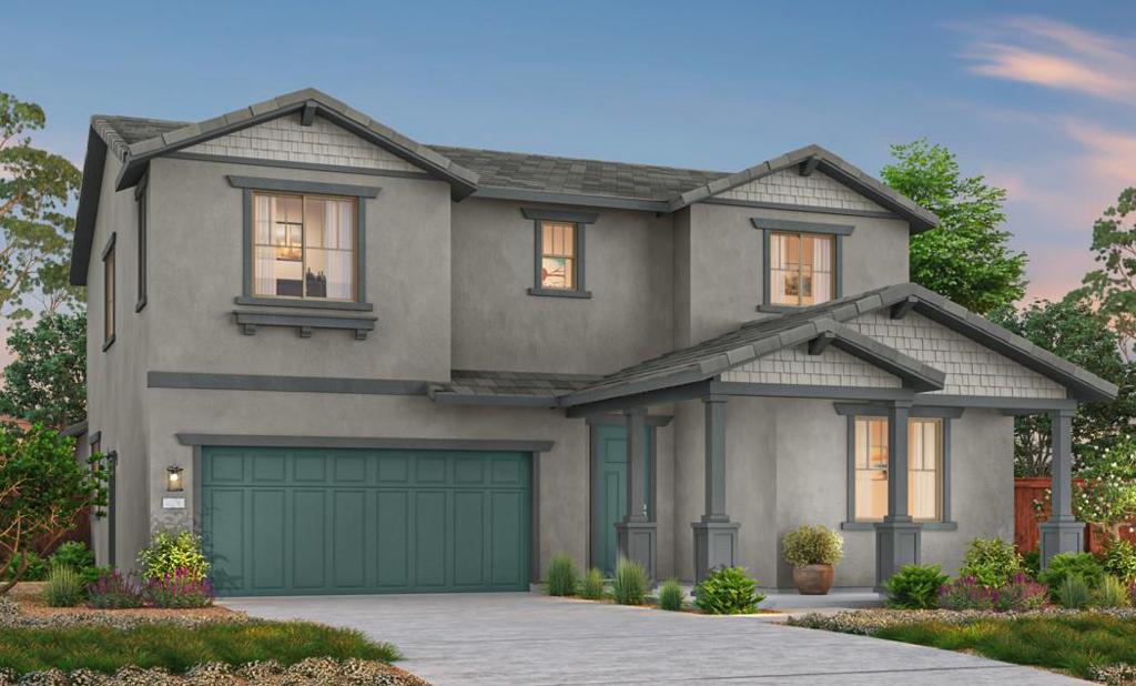 Homesite 43 | Plan 2. Beautiful two-story home with 4 bedrooms and 3 baths. Large, inviting patio, perfect for welcoming guests. Open floorplan featuring a gourmet chefs kitchen with walk-in pantry. Bedroom 4 and Bathroom 3 on first floor. Spacious Primary Suite with walk-in closet. Also includes an upstairs loft and laundry room. photo are of rendering