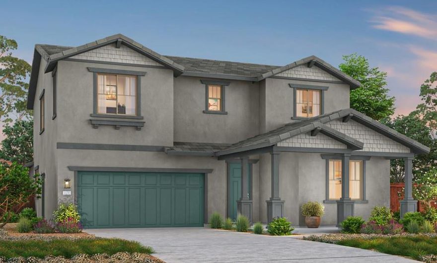 Homesite 43 | Plan 2. Beautiful two-story home with 4 bedrooms and 3 baths. Large, inviting patio, perfect for welcoming guests. Open floorplan featuring a gourmet chefs kitchen with walk-in pantry. Bedroom 4 and Bathroom 3 on first floor. Spacious Primary Suite with walk-in closet. Also includes an upstairs loft and laundry room. photo are of rendering
