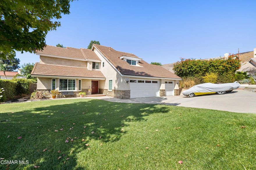SoCal Living at Its Finest - Private Pool, Owned Solar & Prime Location! Welcome to your dream home tucked away on a quiet cul-de-sac in one of Simi Valley's most desirable neighborhoods! This beautifully maintained, move-in ready 4 bedroom, 3 bath residence offers the perfect blend of comfort, style, and energy efficiency. Step inside to gleaming wood floors, soaring beamed ceilings, plantation shutters, and an abundance of natural light. The inviting living room features a charming bay window, while the formal dining area is ideal for entertaining. A cozy family room with a fireplace and wet bar creates the perfect gathering space. The remodeled chef's kitchen is a standout, showcasing granite countertops, a designer tile backsplash, stainless steel appliances, walk-in pantry, and a sunny breakfast nook. Upstairs, the spacious primary suite offers a true retreat with cathedral ceilings, a second fireplace, dual sinks, soaking tub, separate shower, gorgeous tile floors, and a large walk-in closet. Enjoy the ultimate Southern California lifestyle in your private backyard oasis--complete with a sparkling pool and waterfall, separate above-ground spa, fire-pit, and two covered patios for outdoor living and entertaining. Additional features include: Direct access 3-car garage, owned solar system (18 panels, 8 kW) with ultra-low utility bills, copper plumbing, NEST thermostat & RING security system, dual-pane windows and doors, tankless water heater, Central HVAC, recessed lighting, abundance of storage, plus exterior with new stone siding and stucco. This home truly has it all - location, upgrades, energy savings, and space to relax. Properties in this neighborhood are rarely available--don't miss your chance!