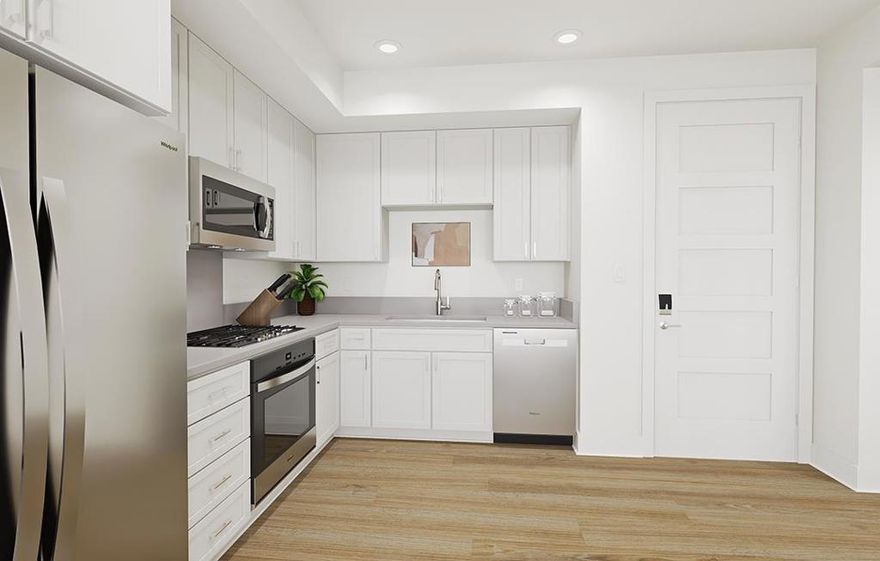 This 1-bedroom, 1-bath single-level flat will be located above commercial space in downtown Morgan Hill. Enjoy elegant Winter White shaker-style cabinetry with soft-close drawers, paired with quartz kitchen countertops and a Whirlpool stainless steel appliance package that includes a 30" 4-burner built-in gas cooktop with hood, 30" built-in single oven, built-in microwave with trim kit, and an ENERGY STAR® dishwasher.