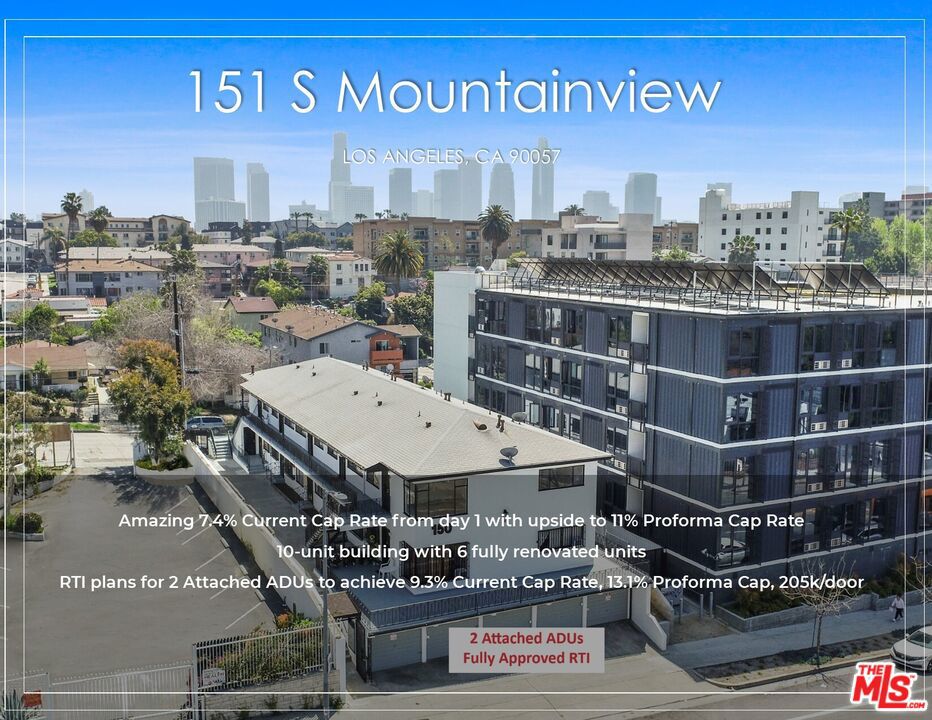 Price Reduction! 10-unit building with 6 fully renovated units (1 vacant) Cash flowing at an amazing 7.4% Cap Rate from day 1 with upside to 11% Cap on Proforma. Fully Approved RTI plans to add 2 Attached ADUs to achieve a remarkable 9.3% Current Cap Rate, 13.1% Proforma Cap Rate, and only 205k/door after taking into account all constructions costs (assuming $200/SF). All units are individually metered for Electricity and gas, and tenants pay for Trash. Rare 8 vacant single Car Garages for additional income and ADU potential. RTI plans to add 2 Attached ADUs in the garages will eliminate/reduce the soft-story scope of work and cost. Easy to rent unit mix consisting of 10 large (1 bed/1 bath) units. 6 units have been fully remodeled and boast new modern cabinets, flooring, lighting, new bathrooms, and significant exterior improvements. This property is located in the trendy & historic Filipino Town just minutes away from Echo Park, Silverlake, DTLA as well as many hip neighborhood attractions, restaurants, bars, and shops such as Brooklyn Bagel Bakery, Boba Guys - Rideback Ranch, HiFi Kitchen, and Laveta Coffee, popping up all around the area.