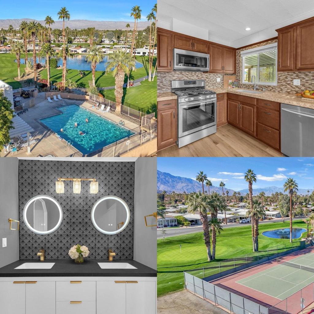 Gated Community where GOLF is included in your HOA! You own the LAND! Discover this beautifully updated 2-bed, 2-bath home in the 55+ Portola Country Club, where HOA dues include golf on the 18-hole par 3 course! Remodeled gourmet kitchen with a quartz island, a spa-like master bath with a walk-in shower, and stunning mountain views. The entry leads to a spacious living room with high ceilings, opening to the kitchen with quartz counters, stainless appliances, and plenty of space for entertaining around the expansive island. The large family room opens to a private covered patio and enclosed yard, ideal for your furry friend. The second bedroom has its own bath with a tub and shower. Set on a rare corner lot with a dual-entry driveway, there's parking for two cars and a golf cart. This stucco home includes two storage units and a 433 foundation for easy financing. You own the land in Portola, and the low $396 HOA fee covers golf, clubhouse access, pools, spas, pickleball, and tennis. With just 500 homes in this active, friendly Palm Desert community, you're minutes from El Paseo shopping, dining, and Eisenhower Hospital. Don't miss this opportunity--schedule a tour today!