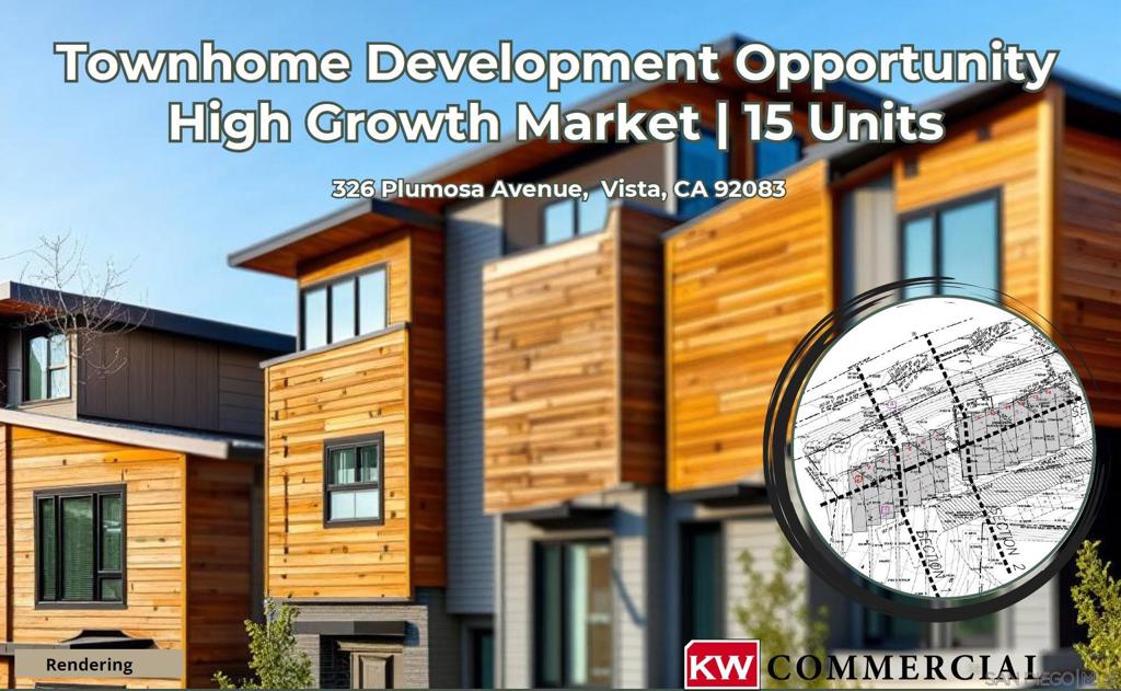 Proposed 15-Unit Townhome Site in Vista, CA | 1.05 AC land with existing 3br/2ba home | VR-15 Zoning (County of San Diego) with sewer service available through the City of Vista | Growth market with strong rental demand and limited supply, just 7 miles from the Pacific Ocean | Transit-oriented site less than 1 mile from the Sprinter Rail Line | Close proximity to downtown Vista, area retail and commercial services with convenient access to SR-78 Freeway | Considered one of San Diego’s strongest craft beer hubs! | Call Broker for access to plans and reports