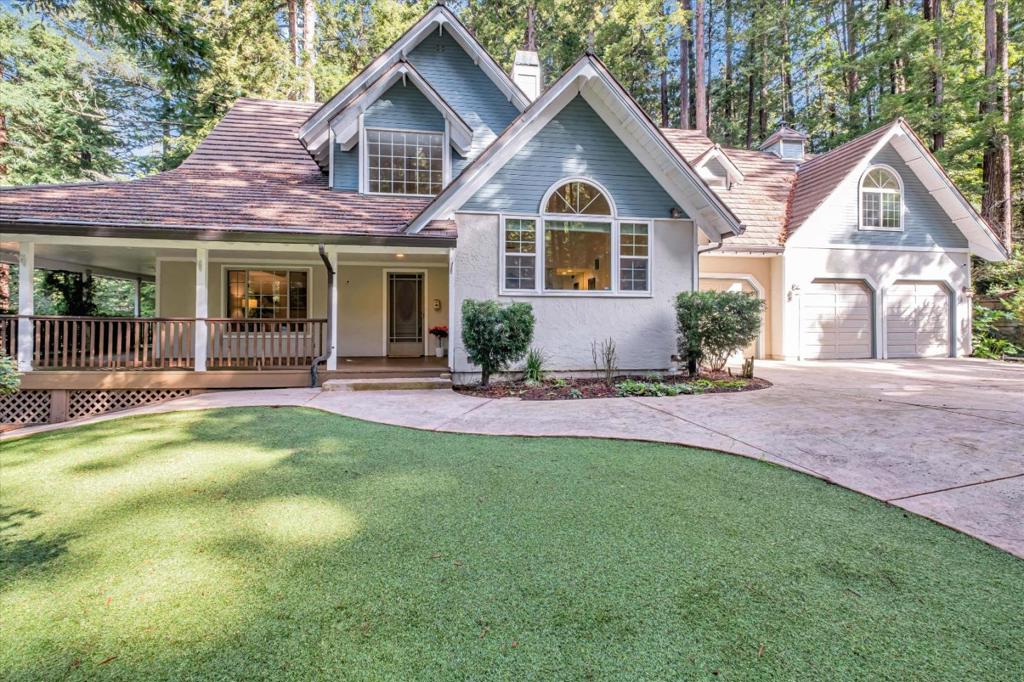 Discover your secluded paradise on this extraordinary 7-acre estate, just ½ mile from Scotts Valley. Dont let the address deter you. A private, gated driveway welcomes you to a tranquil oasis, where the beauty of the redwoods unfolds. Sit on the wrap around porch to take in views. Inside, soaring vaulted ceilings,and expansive windows flood the home with natural light. The kitchen features Corian counters, double ovens, a gas stovetop, and a breakfast bar, with ample room for casual dining. A formal dining room, family room, and convenient half bath complete the main level. Upstairs, find a luxurious primary suite, with double sided fireplace, two additional bedrooms, and a large bonus room with a full bath ideal as a bedroom, game room, or home office. Love outdoor entertaining ? This home has you covered, outdoor kitchen area, with BBQ, small pool with waterfall, firepit, horse shoes, putting green and trails to roam. Relish the peace, quiet and beauty of this property. Come and see!