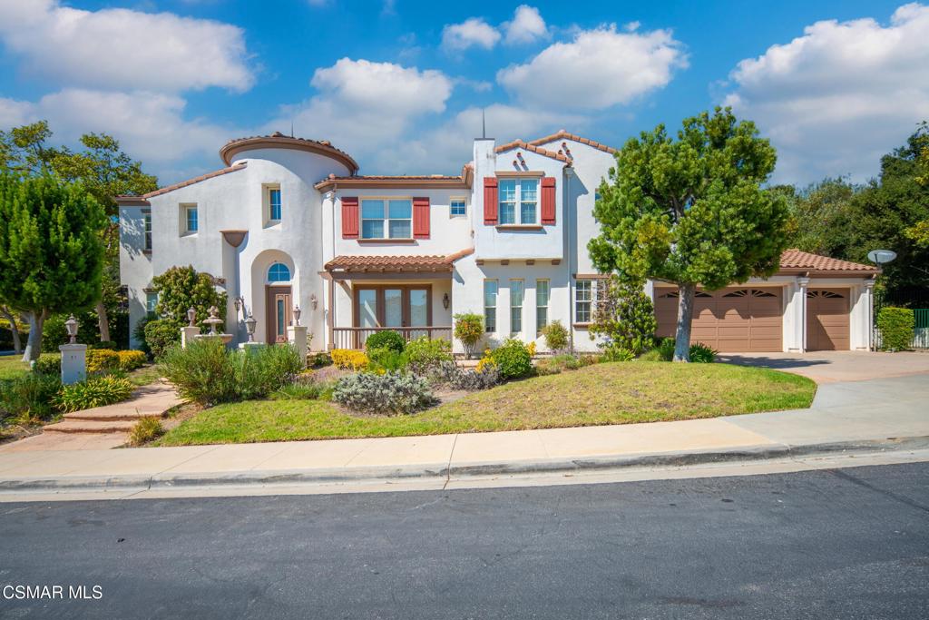 Spanish Style Gated home in highly sought out Westlake Village Community, Majestic Oaks. Built in 2002, this spectacular home offers a great floor plan, 5 bedrooms, 4.5 bathrooms, formal dining room, library, study, family room, and formal living room with 2 story beamed ceiling and grand fireplace. Oversized Upstairs Master Retreat has private balcony, double sided fireplace, Master lounge, enormous walk-in closet, and gracious spa bathroom oasis. Downstairs, large open kitchen with pantry and breakfast area lead to the formal dining room opening to a covered patio. Family room with 3rd fireplace opens to the large grassy and private backyard. Amenities included luxurious formal dramatic rotunda entry, wood paneling, high ceilings throughout, 3 car garage. Prime location near Westlake Lake, The Four Seasons, Westlake Village Inn, Lake Sherwood Country Club and just through the Canyon to Malibu's wine country and beautiful beaches.
