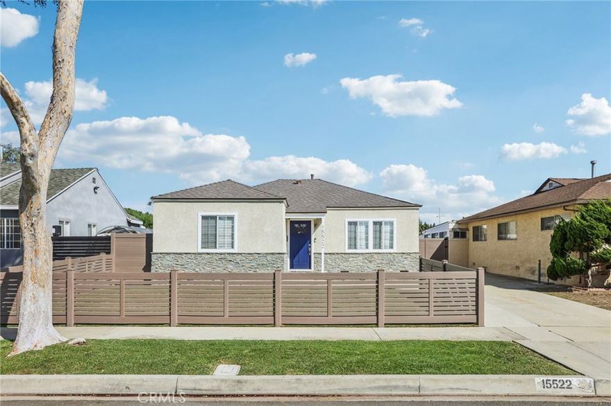 Welcome to 15522 Faysmith Ave, a charming Gardena home that blends original character with modern updates. Set on a spacious 5,875 sq. ft. lot, this 3-bedroom, 1-bath residence offers 1,026 sq. ft. of light-filled living space with laminate floors over original hardwood, a remodeled kitchen with quartz counters, and an updated bath.

Thoughtful upgrades provide peace of mind: a brand-new Owens Corning roof with new decking (2023), full copper plumbing (2016), and exterior improvements including walkways, sprinklers, vinyl fencing, and landscaping. The 2-car garage and gated driveway provide plenty of parking and privacy.

Enjoy nearby shops and amenities with Redondo Beach only six miles away. Located in the Lawndale Elementary and Centinela Valley Union High School Districts, this home is ready for its next chapter. After nearly 20 years, the sellers are relocating to be closer to family—presenting you the opportunity to make this well-cared-for gem your own.