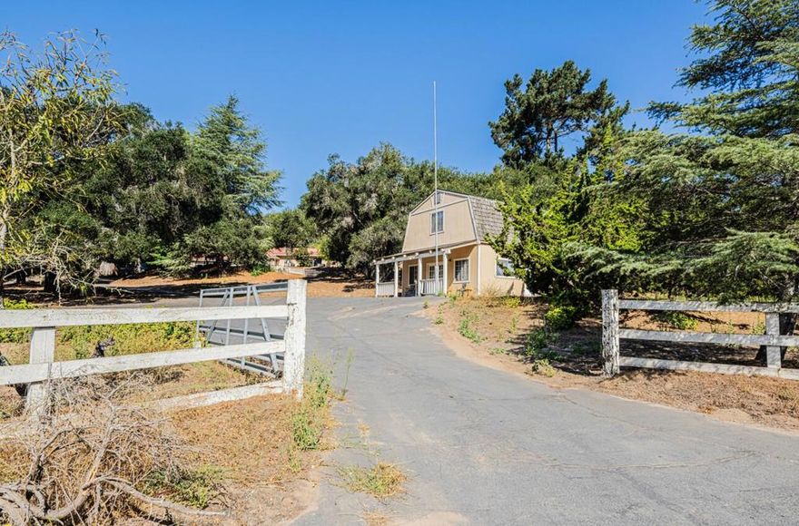 2 Houses with separate addresses and barn on 3 acre lot. 2nd house is at 7412 Valle Pacifico. Plenty of  room for animals. Barn is by the road, Main house is set back and Mediterranean style with detached 3 car garage. Living room and family with Kitchen in the middle. Primary is 2 rooms one with laundry hook ups. Other 2 bedrooms and bath on other side of house. 2nd house is barn style with 2 car detached garage. Open floor plan with primary and bath on first floor others upstairs and inside laundry. Lots of extra parking at both houses. New 90ft of new fence and new lids on septic tanks