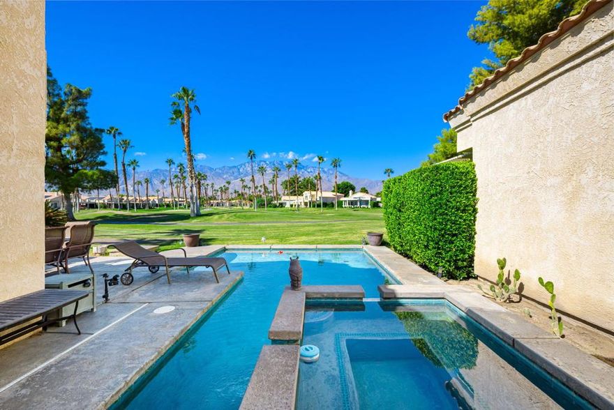 Welcome to your own slice of paradise at Desert Princess Country Club! This stunning two-story, 1,461 sq. ft. retreat is the ultimate desert getaway, offering dual primary suites, panoramic west-facing views, and your very own private pool and spa overlooking the fairways and the majestic San Jacinto Mountains.Step inside to discover vaulted ceilings, an open-concept living area, and a natural sense of indoor-outdoor harmony. A striking rock fireplace creates a warm focal point in the living room, while the adjoining dining area opens to a side patio perfect for outdoor grilling and casual gatherings. The kitchen features a breakfast bar overlooking the living space, ideal for morning coffee or entertaining guests.Beyond the living room's sliding doors awaits your private sanctuary, a pool and spa patio set right on Hole 2/11, where manicured greens stretch toward the San Jacinto Mountains. Here, evenings come alive with fiery desert sunsets, creating the perfect backdrop for relaxation or entertaining.Both primary suites provide a sense of comfort and privacy, each with a spa-like ensuite featuring a soaking tub and separate shower. The lower-level suite opens to the pool patio and includes a walk-in closet, while the upper-level suite offers a private balcony with serene views of the golf greens and pool perfect for morning coffee or sunset relaxation.Convenient features include a main-floor guest bath and a laundry closet off the kitchen with direct access to the two-car garage and golf cart space.Enjoy the exceptional amenities of Desert Princess Country Club, a pristine 250-acre gated community offering 27 holes of championship golf, over 30 resort-style pools and spas, lighted tennis and pickleball courts, a state-of-the-art fitness center, racquetball, basketball, a full-service spa with sauna and lap pool, and an on-site restaurant and bar. The clubhouse also features the Lagos Cafe, Mountain View Grille, golf pro shop, and multiple meeting spaces-all within a guard-gated community with 24-hour security.Conveniently located just minutes from Palm Springs International Airport, downtown Palm Springs, and with easy access to the I-10 freeway, this home perfectly blends resort-style living with everyday comfort and convenience.