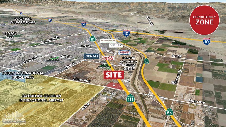 Utilities to the Site. Commercial and industrial zoning. Approx. 13,800 cars per day on Hwy 111. New overpass at Airport Blvd & Highway 111. Prime intersection at Hwy 111 and Airport Blvd. New interchange at Airport Blvd & Expwy 86. Three miles to The Thermal Club, private high end race track. Close to the acclaimed Desert International Horse Park. Includes post office lease. Lease expires 6/30/27. Close to entrance of Jacqueline Cochran Regional Airport. Do Not Disturb Tenants.