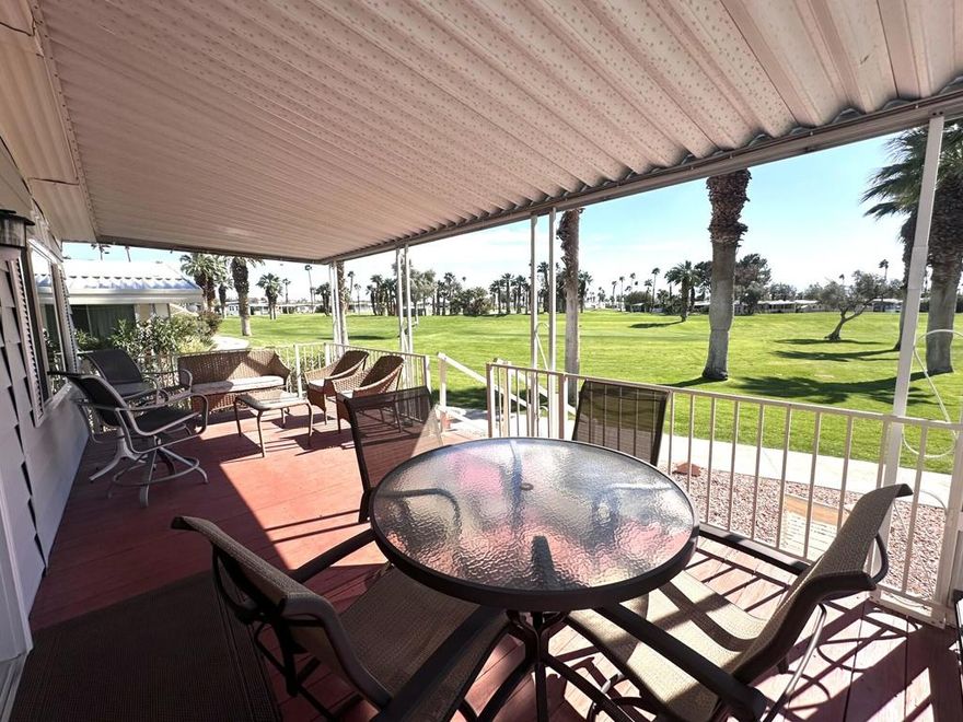 Desert Hot Springs 55+ Golf Paradise! Amazing Views! Golf Cart Included! Turnkey, ready for move-in, easy to tour! Welcome to your place in the sun, priced for quick sale in the desirable Hidden Springs Resort Golf, Tennis, and Pickleball Community.Located directly on the golf course, you can step out your back door and begin a round from out your back porch. This welcoming, secure, gated community features two dog parks and an active HOA that plans year-round activities, golf competitions, holiday parties, and happy hours in a clean, well-maintained mobile home community. Enjoy a huge heated swimming pool, two hot pools (one outdoor, one shaded), shuffleboard, a fully equipped gym, a billiards and ping-pong room, and a clubhouse with a commercial kitchen available for your private events. This updated 2-bedroom, 2-bath home boasts new paint throughout and a brand new king-size hybrid mattress in the master bedroom. The guest bathroom offers a giant soaking bathtub for relaxing. You'll also find a washer and dryer conveniently hidden inside a laundry closet. There are two large tool sheds with shelving, and a golf shed with automatic door. The kitchen features copper plumbing, new stainless steel sink, and faucet.  Tech lovers will enjoy a new 65'' TV in the living room, plus TVs in every bedroom.The large deck is freshly resealed and repainted, offering panoramic views of the San Jacinto Mountain, pristine green golf course, trees and the community lake. The metal roof has a newer elastomeric coating for added peace of mind. Attached covered parking in a long driveway leaves plenty of space for two cars. The community also provides tennis and pickleball courts, billiards, an extensive video, jig-saw puzzle and book library, walking trails, mature landscaping, and beautiful grounds. The community abuts open desert, so prepare for quiet, star-filled nights and peaceful days. This vibrant home is truly turnkey! Make the move for comfort and space, then stay for the views and lifestyle. Hidden Springs Golf and Tennis Resort provides resort-style living year-round, with world-class mineral spas, hiking, dining, and shopping just moments away. Buyers, seize this opportunity before it's gone. Experience all the amenities and unrivaled location--schedule your showing today!  Income req: 3x lot rental; private financing with 21st Mortgage available for qualified buyers. Motivated sellers. Bring offers!