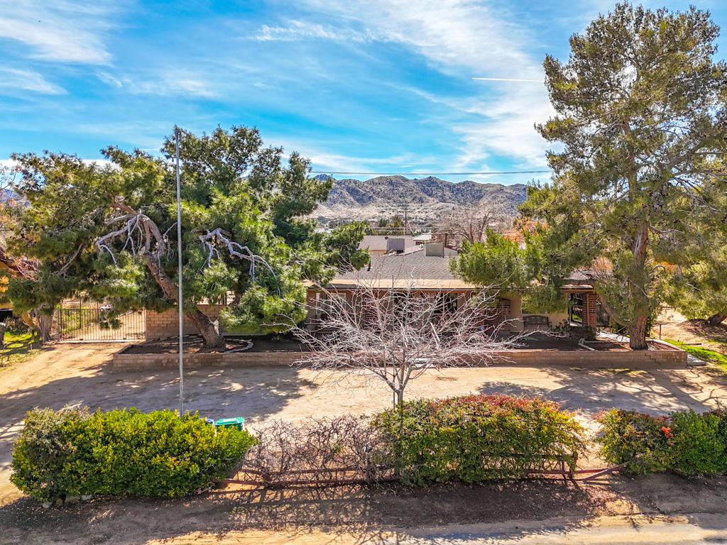 Spacious Multi-Generational Home with Guest Suite in Prime Sky Harbor Location. Looking for space, flexibility, and a beautiful setting near Joshua Tree? This rare Sky Harbor property checks every box. With 5 bedrooms, 3 bathrooms, and an option for a 6th bedroom, this thoughtfully designed home is ideal for large families, multi-generational living, or buyers needing a separate guest suite or rental opportunity. Tucked into a peaceful, established neighborhood, this home offers a private backyard retreat with mature trees, low-maintenance landscaping, an automatic irrigation system, and a secluded patio--perfect for outdoor dining, relaxing evenings, or entertaining under the stars.Inside, the main home features a bright and welcoming layout with a spacious living room, a formal dining area, and a large family room that could easily become a 6th bedroom. The kitchen is fully equipped with a built-in oven, cooktop, refrigerator, dishwasher, and a breakfast bar. The primary suite includes skylights for natural light and a private bath, while two additional bedrooms and a second full bathroom provide space for the whole family. There's also a dedicated office space and an indoor laundry room for everyday convenience. One of the standout features is the private guest suite, built in 2007 with its own separate entrance. This space includes two bedrooms, a large accessible bathroom, stamped concrete floors, a cozy living and dining area, and a kitchenette with its own refrigerator. Skylights brighten the suite, and the primary bedroom includes a walk-in closet and a secure 6' built-in safe--perfect for valuables or important documents.The home is designed for year-round comfort, with two Mastercool evaporative coolers and central heating in the main house, plus HVAC and UpDux venting in the guest suite for excellent airflow. For hobbyists or outdoor enthusiasts, the oversized 3-car garage includes a full workshop with built-in drawers, cabinets, shelving, and a lean-to for additional storage--ideal for tools, gear, or weekend projects. Located just 2.2 miles from Black Rock Campground in Joshua Tree National Park and only a short walk from Essig Park (with a dog park and playground), this home offers the perfect mix of privacy, functionality, and access to nature. Washer, dryer, and two refrigerators are included--making this home move in ready!