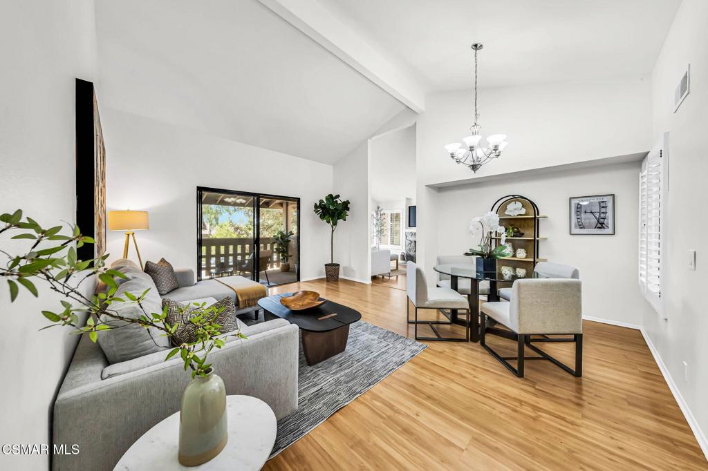 If you've had your sights on Oaknoll Villas, the desirable 55+ community in Thousand Oaks, then you've got to see this stunning two bed, two bath, 1147 SF remodeled penthouse model that's the largest floor plan available. As you enter this bright and spacious home, located on the upper level, you'll immediately notice the vaulted ceilings, light-colored flooring, and the Zen feeling of this remarkable condo. This open floor plan has such a great flow, with the living room and dining room cojoined, then opens to the family room with fireplace, an abundance of windows with shutters, and an updated kitchen with quartz counters, additional seating at the bar, and new dishwasher, stove and microwave. For additional flow, the living room opens to a delightful balcony with tree-top views. Down the hall of this newly painted condo are the refreshed bathrooms with quartz counters, and two very spacious bedrooms with new carpeting. Another added benefit is the inclusion of the stackable washer & dryer in this move-in ready home. Oaknoll Villas has wonderful community amenities including pool, spa, clubhouse, gym, billiard room, card room, shuffleboard courts, yoga room, butterfly garden and dog park. The HOA includes trash, cable/internet, complimentary plumbing service, plenty of guest parking and landscape maintenance. This active senior community is centrally located and very close to nearby parks, Conejo Valley Botanical Garden, shops and restaurants, The Oaks Mall and the Hillcrest Center for the Arts.