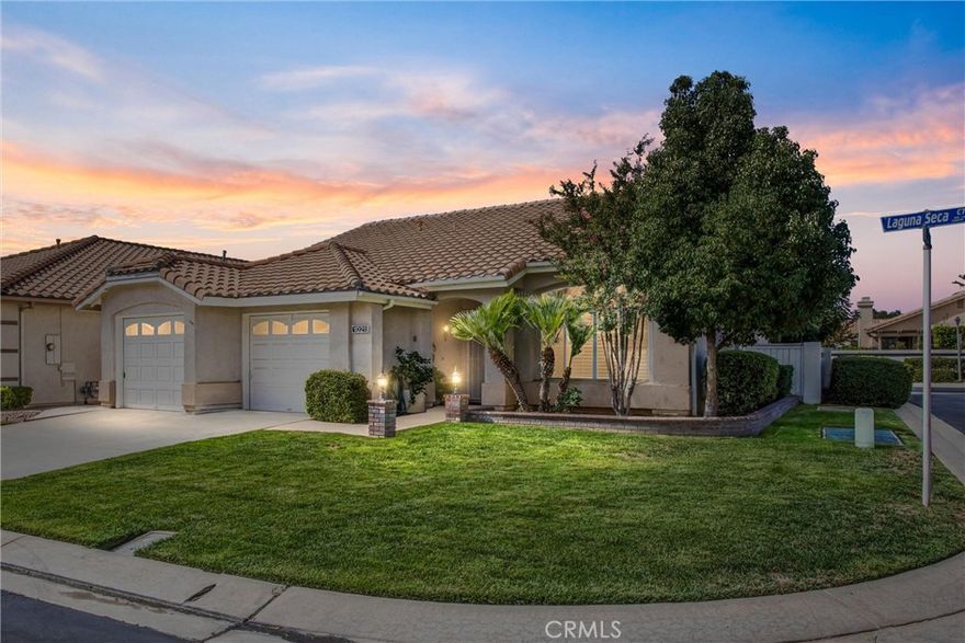 Located in the 55+ Senior Community of Sun Lakes Country Club, This Lovely Tivoli Floor Plan is Move-In Ready. Corner Lot Location Close to the Main Club House. Great Curb Appeal with Brick Planters and Mature Trees. This Home Boasts of: Granite Kitchen Island and Counter Tops, Family Room Fire Place, Ceramic Kitchen Floors, Plantation Shutters, Ceiling Fans and Recessed Lighting. The Rear Yard has a Low Maintenance Aluma Wood Patio Cover and Mature Fruit Trees. The Two Car Garage can Accommodate an Extra Long Vehicle or Golf Cart. All Furniture is Available. This Golf Course Oriented Community is Built around Two 18 Hole Golf Courses, A Championship and an Executive. Community Include: Three Club Houses, One with an Indoor Swimming Pool, a Full Service Restaurant, Sports Bar, Billiards Room, Grand Ball Room, Library, Tennis Courts, Three Gyms, Six Pickle Ball Courts, Three Paddle Ball Courts, Six Tennis Courts and Three Bocce Ball Courts. Freeway Close and 30 Minutes to Palm Springs or Redlands. This Home is also Available for LEASE Fully Furnished for $2,500 per Month.