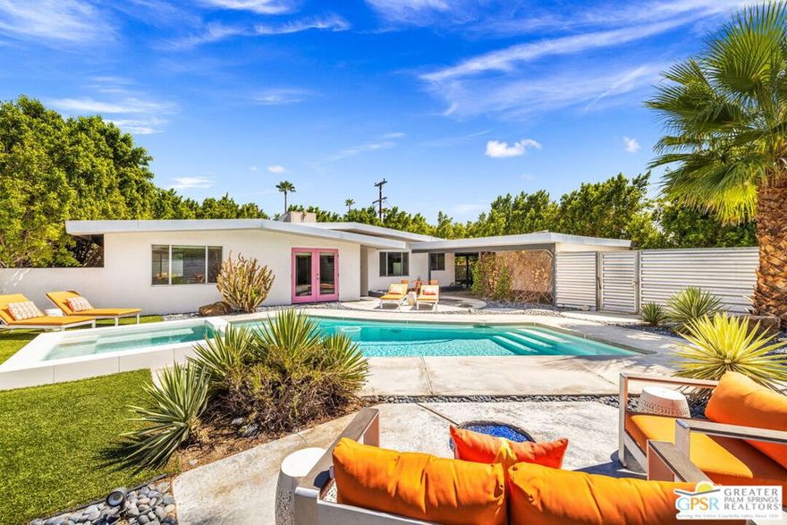 Light and bright TURNKEY FURNISHED MID-CENTURY MODERN retreat in South Palm Springs!  Set in the desirable Demuth Park neighborhood on fee land (you own it!) with no HOA fees, this updated residence blends classic design with modern convenience. The home features 3 bedrooms and 2 sleek bathrooms with walk-in showers, plus vaulted ceilings, tile flooring, and stylish finishes throughout. The living and dining area opens with sliders to a private east-facing patio, while the modern kitchen boasts solid-surface countertops, a casual dining nook, and BIG mountain views. Outdoors, enjoy the west-facing pool and spa framed by panoramic mountain views, an in-ground firepit for gatherings, and two west-facing bedrooms that capture those same dramatic vistas. Additional features include an inside laundry area and an attached two-car carport with motorized door. Offered turnkey furnished, this property is ready to enjoy immediately as a primary residence, vacation getaway, or investment opportunity. Best of all, it qualifies for a Palm Springs Vacation Rental Certificate - a rare advantage for buyers.