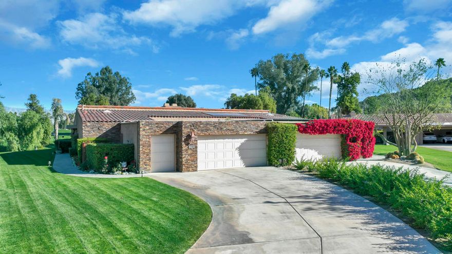 Charming & traditional furnished Sandpiper Cove Condo, 2008 Sq. Ft., 2 Bedroom, 2 Bath, plus a Home Office has sublime mountain & fairway views within the prestigious Indian Wells CC. The beautiful ledge rock exterior with long driveway makes an elegant statement for this Condo with an outstanding location. Travertine floors & stone baseboards throughout, custom shades & plantation shutters, lots of recessed & track lighting. Double door entry into Great Room with awesome views of mountains & double fairway of the 9th & 18th holes.  Great Room features gorgeous chandelier, a wall of glass sliders for outstanding views, high beamed ceilings, lovely stone fireplace, built-in custom cabinetry galore including spacious desk. Direct access to private, spacious, covered brick patio which has built-in BBQ island with granite countertops, great bar seating, & mesmerizing golf and mountain views. Formal Dining has high ceiling & marvelous views. Open Kitchen features high granite countertops, full stone backsplash, floor to ceiling custom cabinetry, stainless appliances, bar seating, & big garden window for panoramic views. Primary Bedroom Suite has a large, mirrored wardrobe & walk-in closet, travertine shower, dual sinks, & granite counters. Primary Suite has a walk-out to quaint, private brick courtyard with enchanting ledge rock fireplace & mountain views. Guest Bedroom has spacious ensuite bath with dual sinks, & glass sliders out to enjoy the beautiful, warm & cozy courtyard.