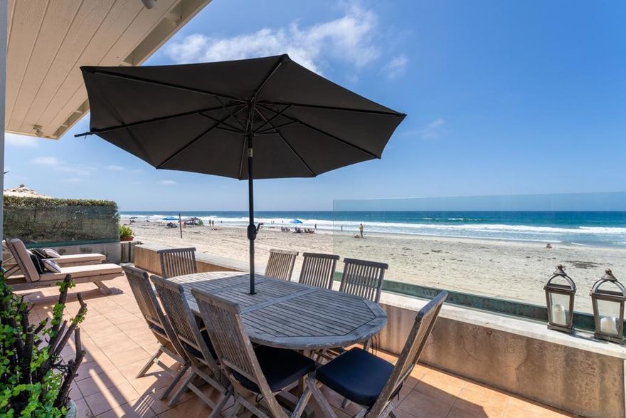 Life on the sand feels different. At 1836 Ocean Front, you wake up to the surf, wind down to sunset, and fall asleep to the steady hush of the Pacific. This is front-row beach living in Olde Del Mar, set directly on the sand between 18th and 19th Streets with a true walk-to-everything lifestyle. The three-level residence offers 6 bedrooms, 4.5 baths, and over 3,200 sq ft of versatile layout and uninterrupted ocean views. The lower level hosts a full kitchen, casual dining area and breakfast nook, plus a guest bedroom and full bath. The middle level frames wide ocean views from the main living areas. Sliding doors open to an oceanfront deck for meals, lounging, or a quick step down to the beach. A separate family room is ready for movies or games. Two interior courtyards add more intimate outdoor spaces, including an upper terrace and a lower brick patio. Upstairs, three bedrooms face the horizon and a view deck spans the full structure. The primary suite includes its own bath and walk-in closet, while two more guest rooms and a full bath sit above the garage, ideal for visitors or an office. The attached garage and wide driveway handle parking with ease. With a proven record as a vacation rental, the property generates solid cash flow and offers an ideal opportunity for a 1031 Exchange. Located one block from Poseidon, Jake’s, and Powerhouse Park, with Del Mar Village an easy stroll away, this address keeps dining, shopping, and everyday errands close while the ocean stays front and center. With the beach at your doorstep, daily life feels simple. The horizon does the rest.