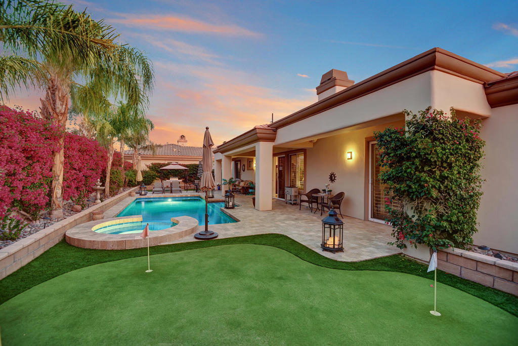 Available starting November 2025 for the 2026 season at $7,500/month. This stunning pool home in La Terraza Vintage Estates, Rancho Mirage, offers everything you need for a perfect desert getaway, ideally situated in a peaceful, central location. The spacious open floor plan flows effortlessly from the living room to the dining area and kitchen, which features granite countertops, a double oven, a cozy breakfast nook, and a large island with bar seating. The luxurious primary suite includes direct access to the pool, a massive walk-in closet, soaking tub, separate shower, and dual sinks. Step outside to enjoy the beautifully landscaped backyard complete with a Pebble Tec saltwater pool, elevated spa, private putting green, and a generous patio, perfect for entertaining or unwinding in the sunshine. Don't miss your chance to experience high season in style and comfort! Landlord pays monthly HOA dues, landscaping, pool service, cable/internet.