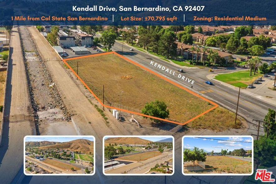 We are pleased to present the Kendall & Western Land Assemblage, a prime residential development opportunity located on the northwest corner of Kendall Drive and Western Avenue North in San Bernardino, California. The offering includes four contiguous parcels totaling 70,795 square feet (1.63 acres) of land zoned Residential Medium (RM) within the City of San Bernardino University District Specific Plan. Under this plan, the RM designation allows up to 14 dwelling units per acre supporting development of approximately 22 residential units with a maximum height of 42 feet. The RM zoning permits multi-family dwellings, townhomes, condominiums, planned residential developments, and ADUs, offering flexibility for mid-density residential projects (Buyer to Verify). At $9.80 per land square foot, the assemblage presents an exceptional value for developers seeking scalability and efficiency. Located just one mile from California State University, San Bernardino, the site benefits from strong rental demand driven by both student and local workforce populations. The area maintains a 62% renter-occupied vs 38% owner-occupied ratio, signaling long-term rental stability. With average household incomes exceeding $70,000 within a one-mile radius and population growth above 6% over the past decade, this infill site combines strong market fundamentals, favorable zoning, and immediate access to major freeways including the I-215, I-210, and I-10, connecting to employment centers throughout the Inland Empire and Greater Los Angeles.