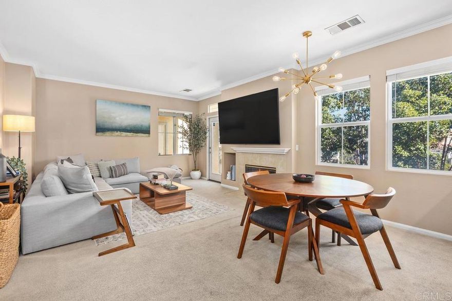 Discover resort-style living in this 2BD/2BA home in Savannah Terrace! With 1,148 square feet of thoughtfully designed space, this highly desirable floor plan creates an open and inviting atmosphere - perfect for both everyday living and entertaining guests. The kitchen features maple cabinetry, slab granite counter tops, gas cooktop and a stainless steel farm sink. Additional highlights of this beautiful home include a direct access two car garage, a cozy living room fireplace, crown molding, air conditioning, newer water heater, updated plumbing fixtures, and laundry room with a full size washer/dryer. Ideally located on the 2nd floor with no neighbors above and tucked away in the Savannah Terrace complex surrounded by trees. Enjoy resort-style amenities with swimming pool, spa, fitness center, clubhouse, tennis and indoor sports courts, playground and BBQ area. Walk to Sabre Springs Market Place, parks and trails. Located in the top rated Poway School District!