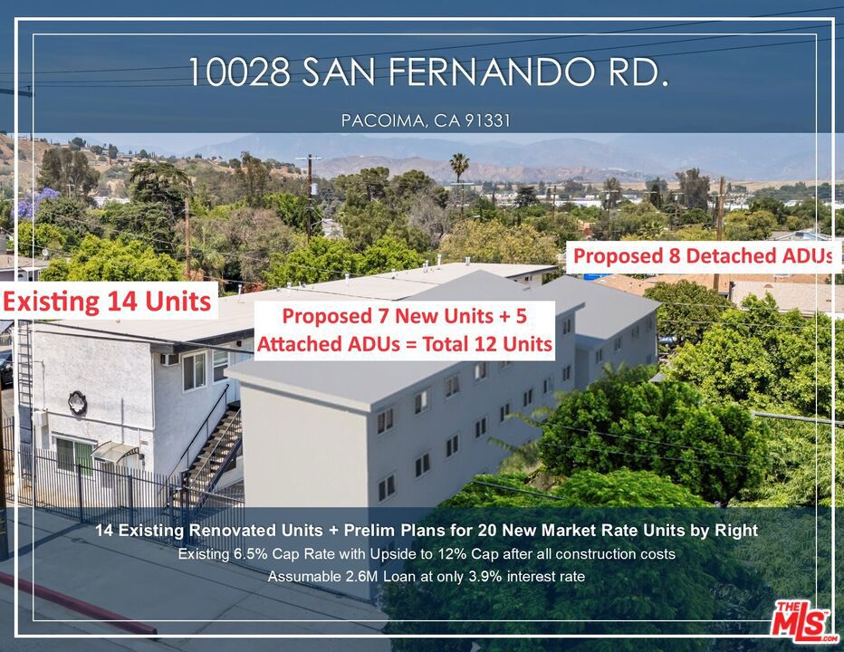 Price Reduction! 14 existing Renovated units + plans for 20 new units cash flowing at an amazing current Cap Rate of 6.5% from day 1. Attractive 2.6M assumable loan at an incredibly low rate of 3.9% fixed through 09/01/2027. Preliminary plans to add 20 new units to achieve an unheard 12% Cap Rate, 6.5 GRM, and only 166k/unit after taking into account all the construction costs (~1.7M assuming $250/SF). The preliminary plans call for 8 detached ADUs in the back + 5 attached ADUs in the front + 7 new units in the front for a total of 20 new units. The 14 existing units have undergone many capital improvements including updated roof, electrical, plumbing, windows, interiors, exteriors, etc.
