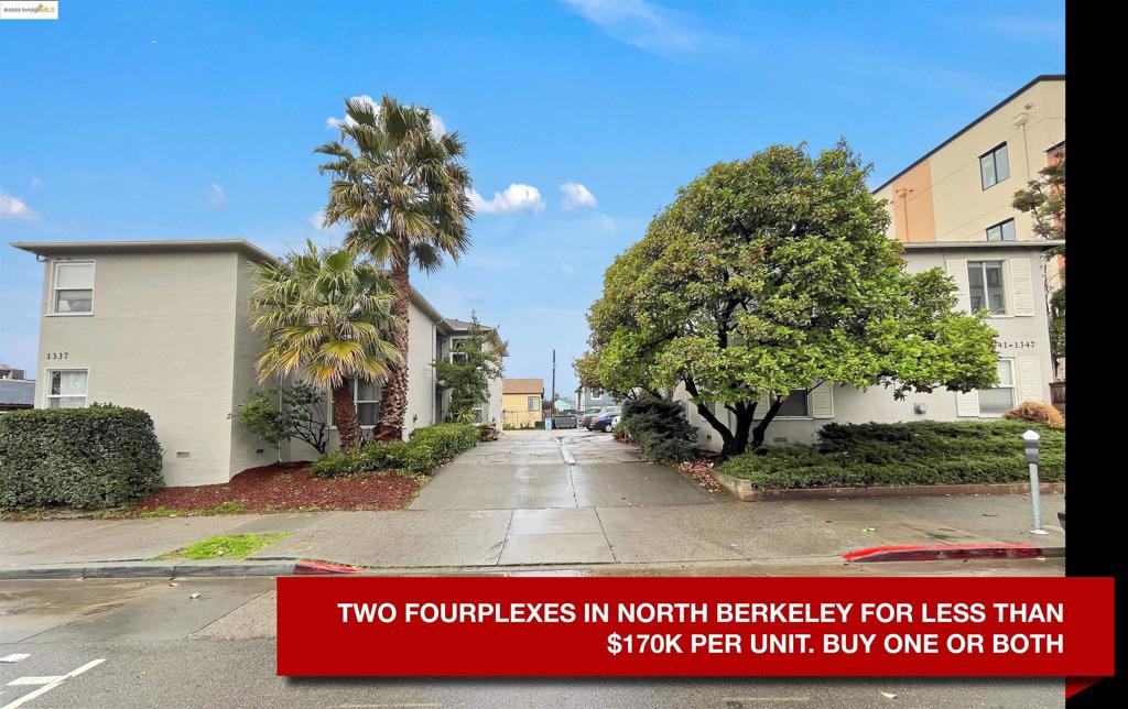 Two adjacent fourplexes in the heart of Berkeley’s commercial corridor, that can be bought separately or together. The properties are located on a major thoroughfare, just steps from Target, top dining options, and North Berkeley BART, ensuring seamless tenant connectivity across the Bay Area. 1337 University features two 1-bed/1-bath and two 2-bed/1-bath units, while 1347 University consists of four 1-bed/1-bath units, totaling eight rental units on a combined 10,150 sq. ft. lot. C-U zoning presents strong cash flow and redevelopment potential. Current rents sit at $11,800/month with a market potential of $17,000/month, offering significant rental upside. 1337 for $600K, 1347 for $750K ($1.35M total, under $170K/unit), this is an exceptional value-add opportunity in one of Berkeley’s strongest rental markets. Buy one or both!