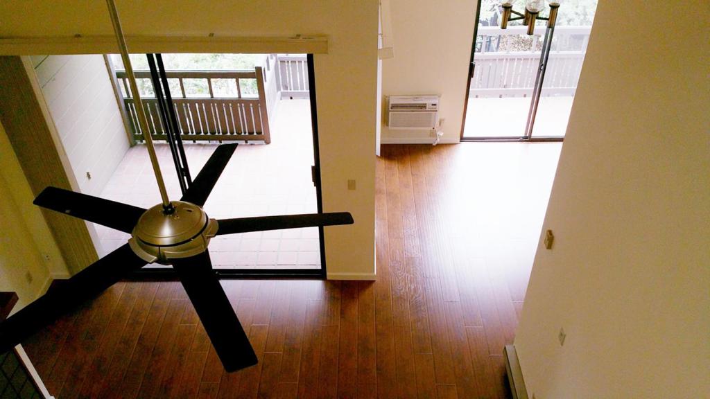 Spacious 3 Bedrm, 3 Bathrm condo w/ vaulted ceilings. 1653 sq ft. Upstairs w/ 2-stories in unit. 2 Bedrms & 2 Bathrms on main floor, 1 Bedrm & 1 Bath plus loft area on 2nd floor. 1 block from pedestrian/bike bridge to Shoreline, Google, etc. Updated w/ new laminate wood floors on 1st floor. Upstairs loft & bedrm w/ carpet. Large closets in all bedrooms, updated kitchen, fireplace, in-unit full-size laundry, sliding glass doors to balconies off dining & living rooms. 1-car detached garage + uncovered space.