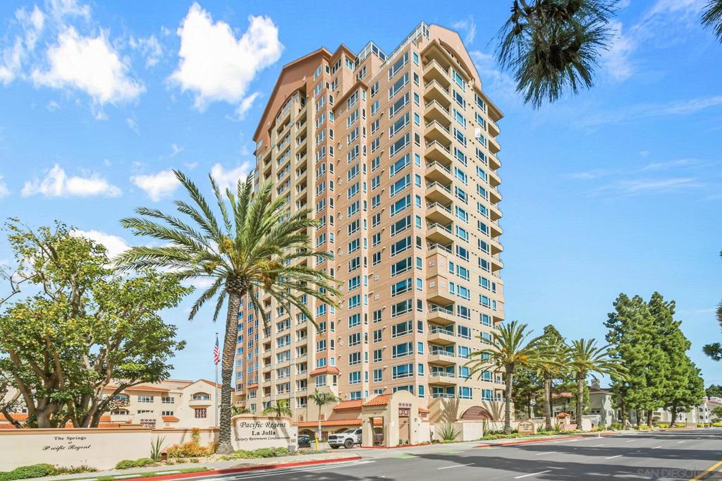 Bright and contemporary 13th floor condo with gorgeous sunset views! This 2 bedroom, 2 bath home offers a gracious layout and amazing westerly views from your living room and both bedrooms. Pacific Regent La Jolla is a luxurious resort style, full service, 62+ independent living community with amenities galore. Offering 24/7 security, valet parking service for residents and guests, a heated indoor pool and spa, exercise/fitness center, on-site restaurant, a beauty salon and more, this single level (no stairs) condo is beautifully updated and move-in ready. An open kitchen layout, spacious living and dining area and a covered balcony make this a popular floor plan. The second bedroom is accessed from the living room and also functions well as a cozy den or office. Paint and flooring were updated in 2023. The spacious balcony, open to the living room as well as to bedroom two/den, offers wonderful views and a shady tucked in corner perfect for a small container garden. Weekly one-hour housekeeping service, concierge services, a library, several outdoor lounge areas and weekly cultural outings are among resident amenities. Scheduled transportation to medical centers, markets and local attractions is also available.